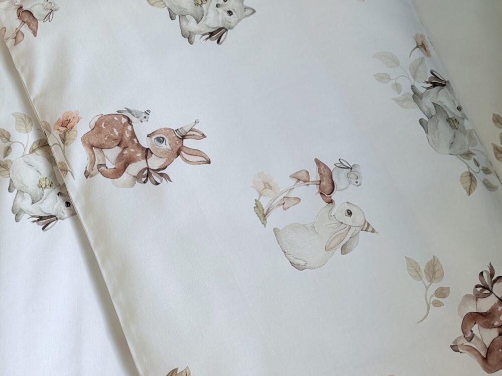 komplet pościeli dziecięcej, bawełnianej zwierzątka leśne na białym tle